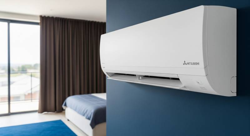 Installation d'une unité murale Mitsubishi Inverter dans un salon moderne à Martigues (13500). Pose propre et soignée